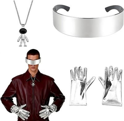 Astronautenkostuumaccessoires set met techno bril, glanzende handschoenen en halsketting voor feest, carnaval en cosplay evenementen