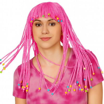 Roze Verkleed Pruik met Kralen – Vlechtjes Feestpruik – Carnaval & Themafeest – One Size