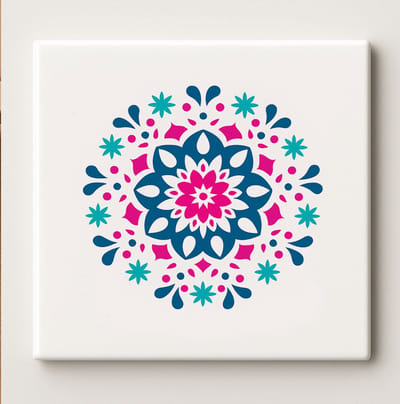 Mandala Kunst Tegel 15x15 cm – Elegante Blauwe en Roze Keramische Wanddecoratie voor Huis, Yogaruimte of Meditatieruimte