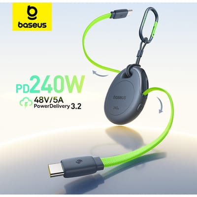 Baseus 240W One-Press Return intrekbare kabel USB-C Type-C snellaad- en datakabel voor iPhone MacBook met karabijnhaakclip Starlight