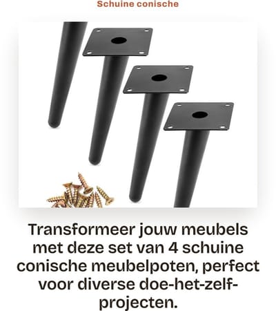 Dailygoods - Schuine conische meubelpoten - Stalen meubelpoten - Krasbestendig - Zwart - Meubelpoten voor bank en kast - 4 stuks voor doe-het-zelf pro...