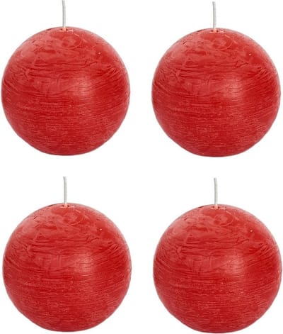 Spaas rustieke bolkaars - rood - 4x - D8 cm - 24 branduren - ronde kaarsen