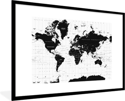 Poster in lijst - Fotolijst 120x80 cm - Posters - Wereldkaart - Zwart - Wit - Atlas - Aarde - Educatief - Posterlijst zwart - Decoratie - Wanddecoratie woonkamer - Muurdecoratie slaapkamer