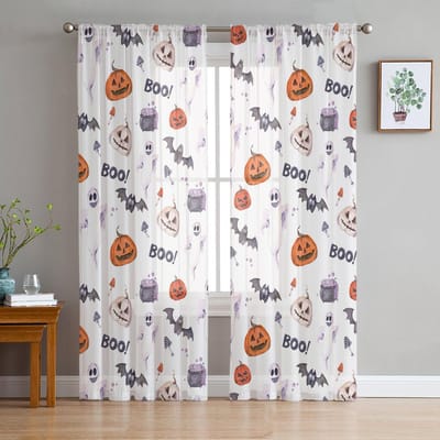 Halloween Pompoen Geest Vleermuis Transparante Gordijnen voor Slaapkamer Woonkamer Voile Raamgordijnen Tule Gordijnen voor Kinderkamer 135W x 114H(cm) white