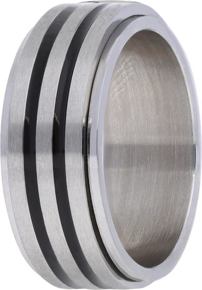 Lucardi Heren Stalen anxiety ring met zwarte strepen - Ring - Staal - Zilverkleurig - 19 / 60 mm
