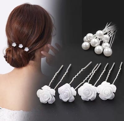 Bruids Haar Clips haarpinnen 12 stuks - PAREL haarpinnen+ Bloem haarpinnen -Youhomy Haarsieraad - Haarversiering - Haaraccessoire | Bruidskapsel pinnen- Bruidmeisje Haarpinnen U-vormige- zilver Bloem - Parel | Bruiloft Gelegenheid