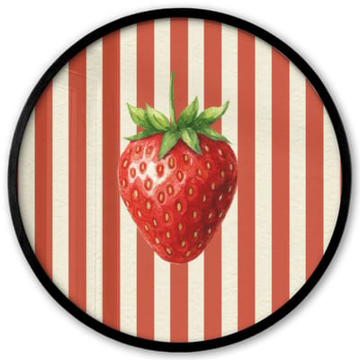 Poster in lijst Rond - Fotolijst 40x40 cm - Posters - Aardbei - Strepen - Rood - Ronde posterlijst zwart - Decoratie - Wanddecoratie woonkamer - Muurdecoratie slaapkamer