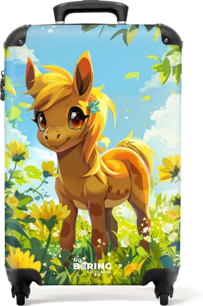 NoBoringSuitcases.com® - Kinderkoffer meisje - Kindertrolley meisjes - Pony tussen gele bloemen - Handbagage koffer lichtgewicht - Reiskoffer trolley kinderen - Rolkoffer met wieltjes - Past binnen 55x40x20 en 55x35x25