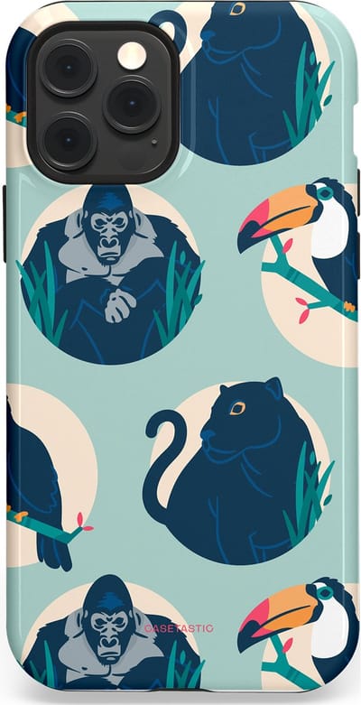 Casetastic hoesje geschikt voor Apple iPhone 12 / Apple iPhone 12 Pro - MagSafe - Dubbellaagse bescherming - Wilde Dieren Mix - Fashion Case - Lichtgrijs Donkerblauw Crème Donkergrijs