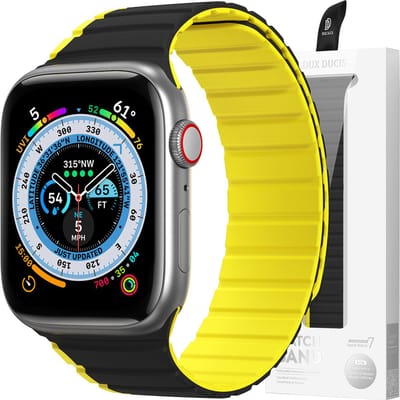 Magnetische - Apple - Watch Ultra, SE, 8, 7, 6, 5, 4, 3, 2, - 1 - (49, - 45, - 44, - 42 - mm) - Dux - Ducis-band - (LD-versie) - zwart - en - geel