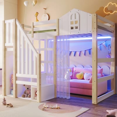 Stapelbed - 90x200 cm - Met LED Verlichting En Raamdesign - Opbergtrap En Vakken - Hout - Wit Natuur