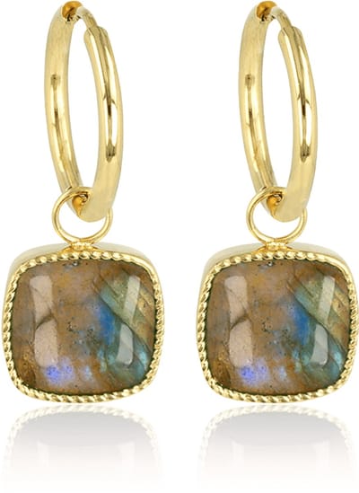 My Bendel - Oorbel Goudkleurig Labradorite 38mm - Oorbellen met Labradorite Hanger - met Luxe Cadeauverpakking | Sieraden Voor Dames