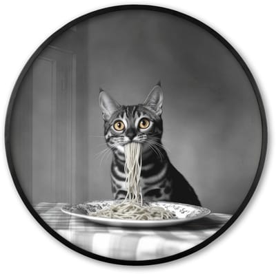 Poster in lijst Rond - Fotolijst 60x60 cm - Posters - Bengaal - Kat - Tafelkleed - Zwart - Wit - Dier - Ronde posterlijst zwart - Decoratie - Wanddecoratie woonkamer - Muurdecoratie slaapkamer