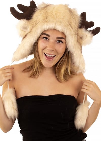 KIMU® Eland Muts Touwtjes - Gewei Bontmuts Oortjes - Bont Kerst Bruin Kerstmuts Hert Rendier Festival