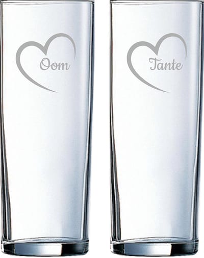 Gegraveerde longdrinkglas 31cl Tante met hartje & Oom met hartje