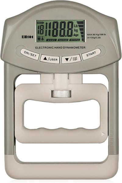 Digitale handkrachtmeter, 198 lbs/90 kg, handdynamometer, grip krachttrainer met USB-oplaadkabel, Grip Strength Trainer elektronische grijpkracht, meetinstrument, groot led-scherm, grijs en wit