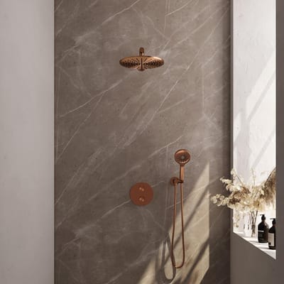 Brauer Copper Edition thermostatische inbouw regendouche 3-weg rond SET 80 met 30 cm douchekop en rechte muurarm en 3-standen handdouche en doucheslang en wandaansluitbocht koper geborsteld PVD