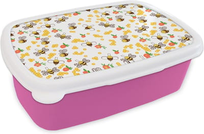 Broodtrommel Roze - Lunchbox - Brooddoos - Honing - Bij - Bloemen - Patronen - Lente - 18x12x6 cm - Kinderen - Meisje