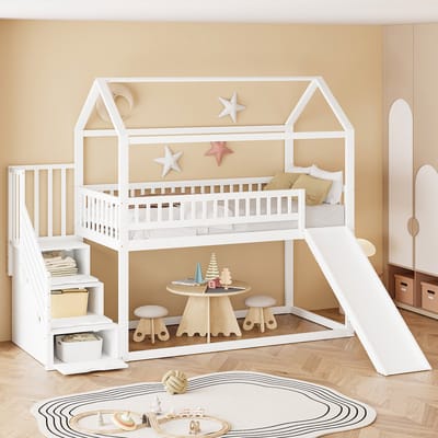 Kinderstapelbed 90x200 - Hoogslaper Met Glijbaan En Opbergladder - Met Lattenbodem - Massief Hout - Wit