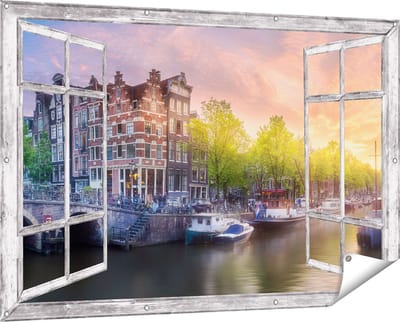 Gards Tuinposter Doorkijk Amsterdamse Grachten - 150x100 cm - Tuindoek - Tuindecoratie - Wanddecoratie buiten - Tuinschilderij