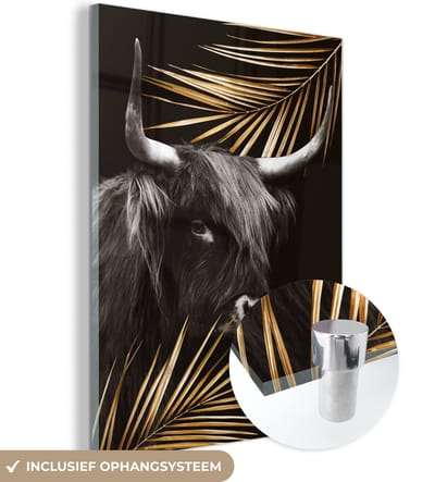 MuchoWow® Glasschilderij 30x40 cm - Schilderij acrylglas - Schotse Hooglander - Goud - Varens - Foto op glas - Schilderijen
