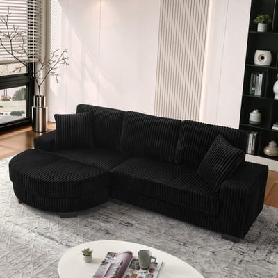 Hoekbank Corduroy - L-Vormige Bank 4-Zits Met Hocker - Zwart