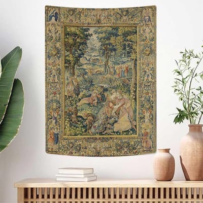 Middeleeuws Bos Wandkleed, Vintage Wanddecoratie met Renaissance Stijl Hofscène in Weelderig Groen, voor Slaapkamer Decoratie 70x100CM