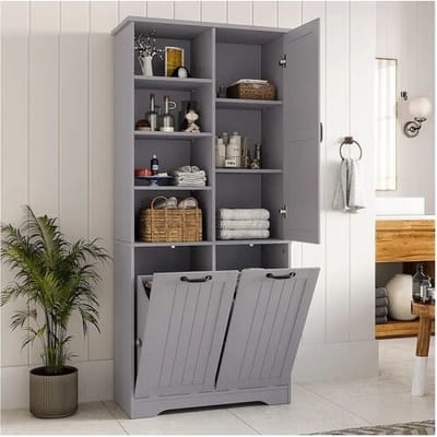Merax Badkamermeubel - 78 x 35 x 172 cm - met wasmand + 4 vakken + 1 deur - DMF - grijs