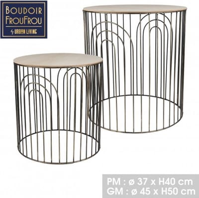 "BOUDOIR FROUFROU" SET VAN 2 METALEN EN HOUTEN SALONTAFELS D37XH40CM EN D45XH50CM