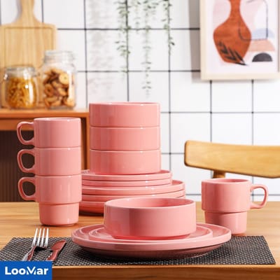 LooMar Luxe Serviesset – 16 delig – 4 persoons – Porselein - Bordenset – Dinner platen – Dessertborden - Kommen - Mokken - Set - Roze
