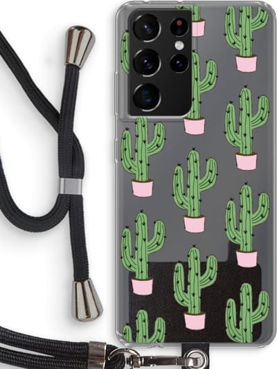 Case Company® - Hoesje met koord geschikt voor Samsung Galaxy S21 Ultra hoesje met Koord - Cactus Lover - Telefoonhoesje met Zwart Koord - Bescherming aan alle Kanten en Over de Schermrand