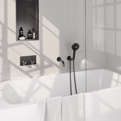 Brauer Gunmetal Carving thermostatische inbouw badkraan met drukknoppen SET 04 met uitloop en 3-standen handdouche en doucheslang en wandaansluitbocht gunmetal geborsteld PVD