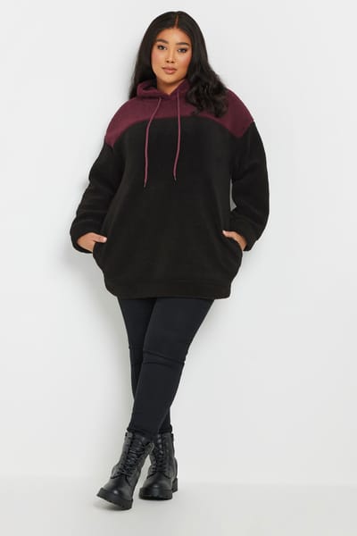 Yours Hoodie Van Fleece Met Kleurvlakken In Zwart/Bordeauxrood Size 44