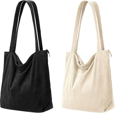 2-delige Ribfluwelen Handtas Set – Schoudertas – Grote Shoppertas – Vintage Stijl – Voor Dames – Beiget en Zwart