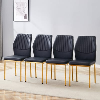 Wishdor Set van 4 Eetkamerstoelen en Keukenstoelen met Comfortabele Rugleuning - Verticale Stiksels - Metaal & Kunstleer - Zwart & Goud - Zithoogte 48 cm