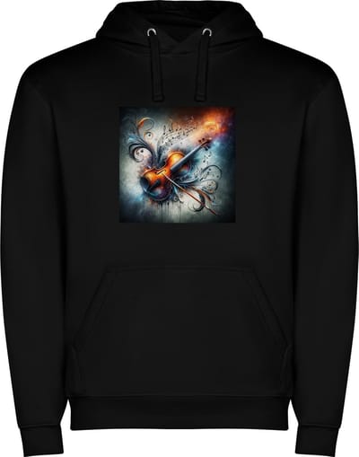 Zwarte unisex hoodie met “ Kleurrijke Viool – Muzieknoten – Snaarinstrument “ Print Full Color Color merk Roly maat S