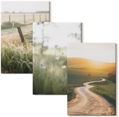 Wallfluent Set van canvas schilderijen - Landschap met weide, weg en zonsondergang Canvas Schilderijen Set - set 3 stuks 20x30 cm - Groente Set van Canvas Prints - Landschappen Canvas Kunst Set - Boheemse Canvas Kunst Set