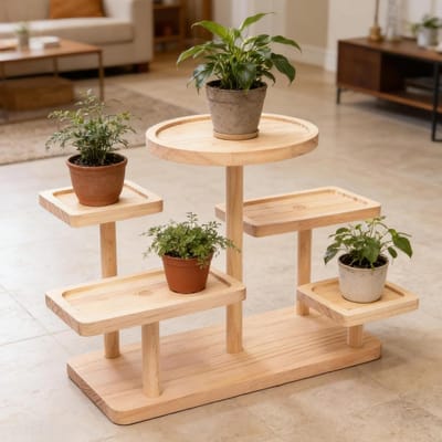 Plantenstandaard Hout - Plantenrek Tafel - Decoratie Presenteren - Meerlaagse Structuur - 13 cm - Houtkleur