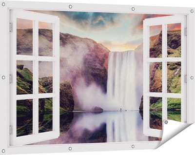 Gards Tuinposter Doorkijk Waterval met een Weerspiegeling in het Water - 120x80 cm - Tuindoek - Tuindecoratie - Wanddecoratie buiten - Tuinschilderij