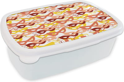 Broodtrommel Wit - Lunchbox - Brooddoos - Masker - Patronen - Carnaval - 18x12x6 cm - Volwassenen