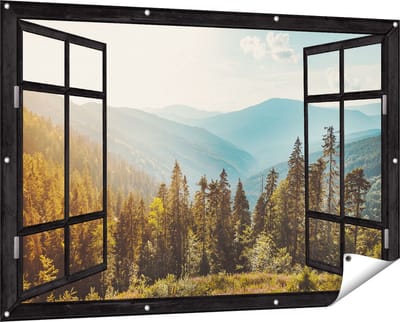 Gards Tuinposter Doorkijk Bos met Bomen in de Hoge Bergen - 150x100 cm - Tuindoek - Tuindecoratie - Wanddecoratie buiten - Tuinschilderij