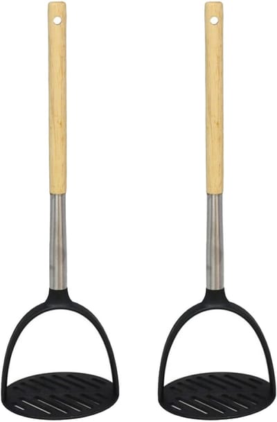 Gerimport Aardappelstamper/pureestamper - 2x - kunststof/hout - keuken gerei - 32 cm