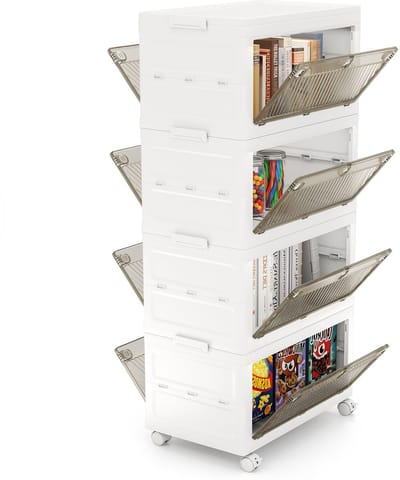 COSTWAY Opbergdoos met deksel, set van 4 stapelboxen, opvouwbaar, opbergdozen met tweeweg-deuren en wielen, opbergdoos, kunststof doos, wit, 168 liter