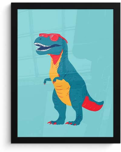 Poster in lijst - Fotolijst 30x40 cm - Posters - Dinosaurus - Blauw - Zonnebril - Posterlijst zwart - Decoratie - Wanddecoratie woonkamer - Muurdecoratie slaapkamer