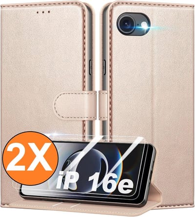 Hoesje Geschikt voor iPhone 16e / iPhone 17e hoesje bookcase Goud met screenprotectors 2 stuks