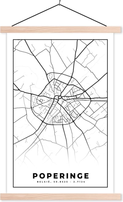 Posterhanger incl. Poster 40x60 cm - Schoolplaat - België – Poperinge – Stadskaart – Kaart – Zwart Wit – Plattegrond - Textielposter - Blanke latten - Stadskaart