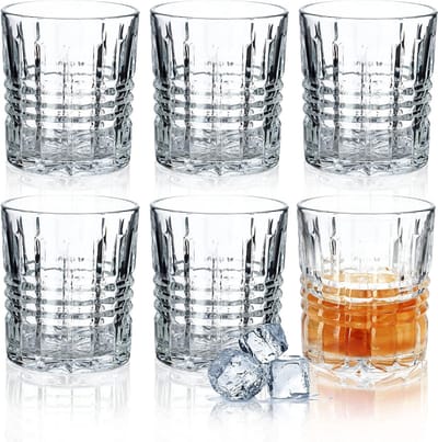 Drinkglazen, set van 6, whiskyglazen, glazen set, robuuste waterglazen, sapglazen, universele glazen, kristalglas, glazen voor water, drink, party (300 ml, strepen)