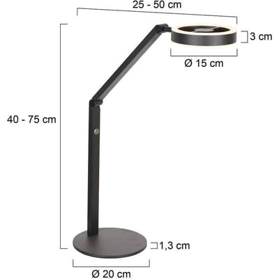 Zwarte tafellamp Steinhauer Ringlux 4139ZW, hoogte verstelbaar van 40 tot 75 cm, gemaakt van kunststof en metaal, met geïntegreerde dimmer en 1000 Lumen verlichting