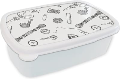 Broodtrommel Wit - Lunchbox - Brooddoos - Breien - Naaien - Patronen - Wol - 18x12x6 cm - Volwassenen