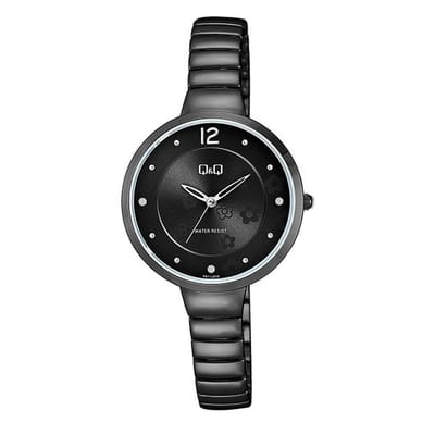 Q&Q F611J412Y - Horloge - Analoog - Vrouwen - Dames - Stalen band - Rond - Staal - Antraciet - Bloemenprint
